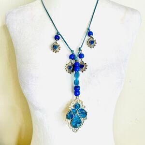 Lapis Lazuli Large Pendant Cord Chain Blue & Silver Tone Accents Y Drop Necklace